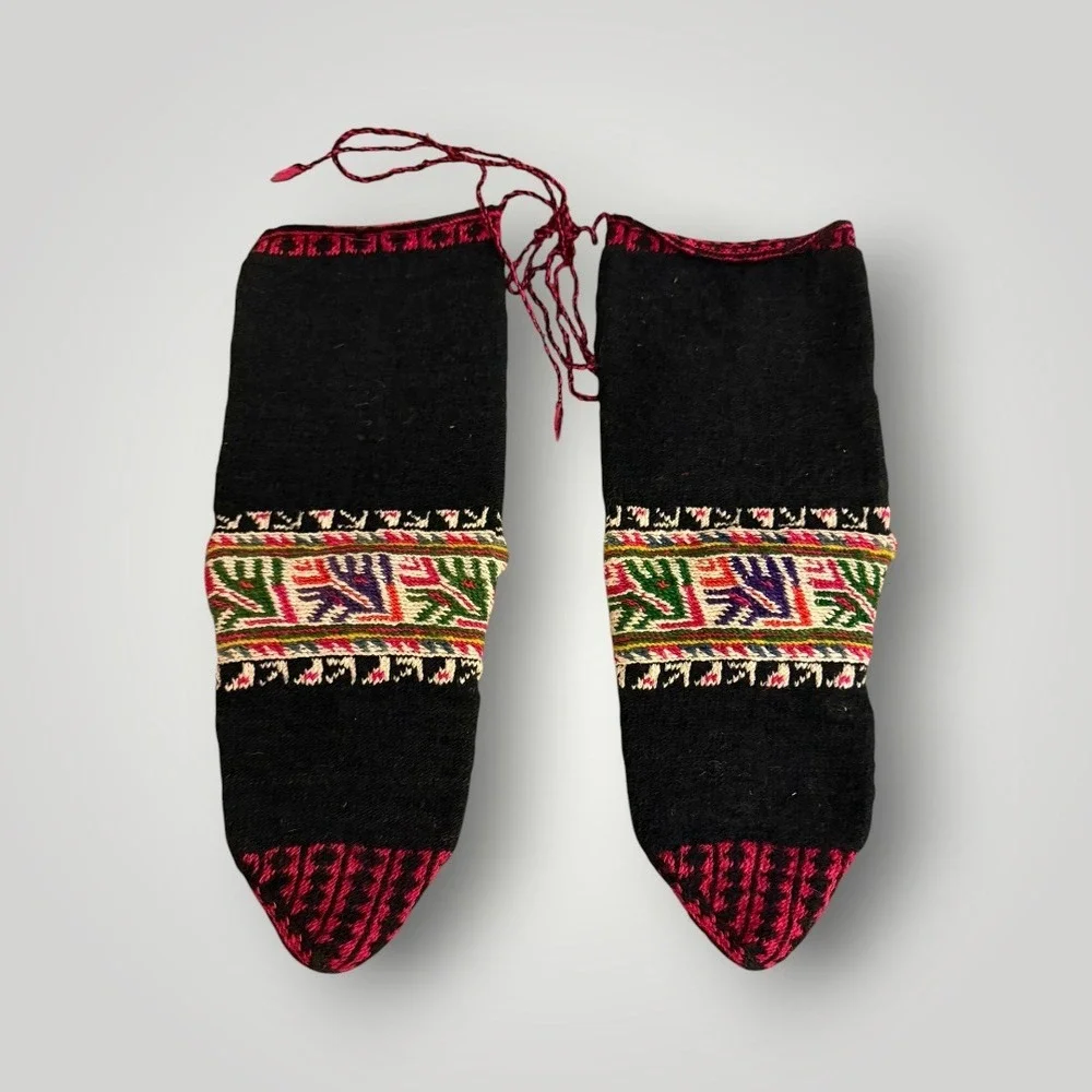 Albanian Hand Knit Wool Socks Black Red Folk Traditional Vintage Cabin